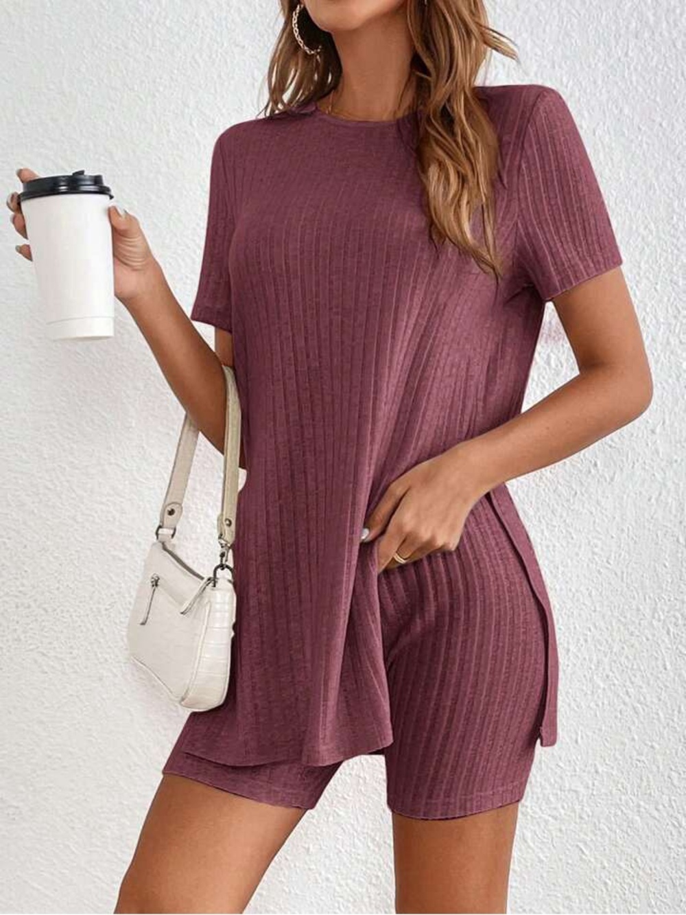 Split Hem Ribbed 2 piece Tee & Shorts Loungewear Maroon Size Large